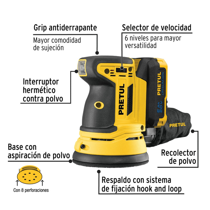 Lijadora roto orbital inalámbrica 5', 20 V, Pretul 28271 LIRI-20P