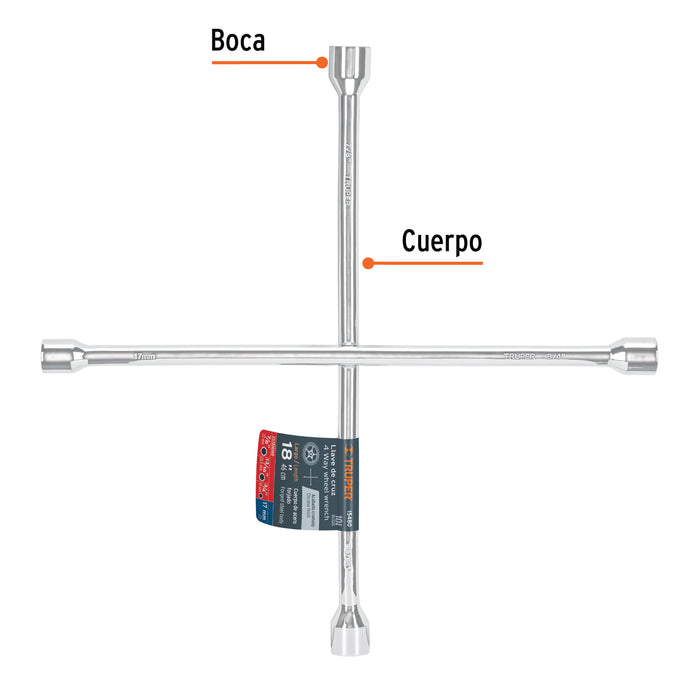 Llave de cruz 18' pulida y cromada, Truper 15480 LLCR-18