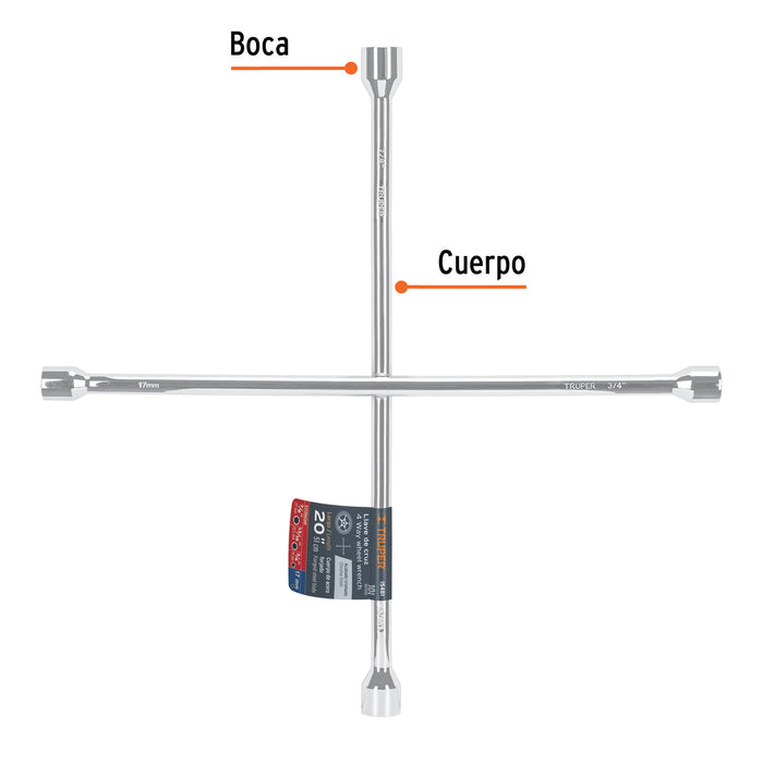 Llave de cruz 20' pulida y cromada, Truper 15481 LLCR-20