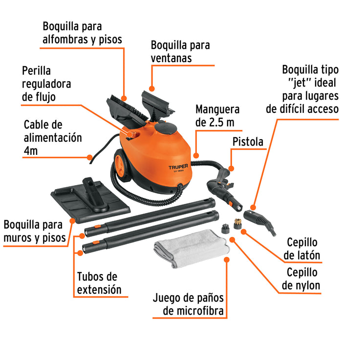 Limpiador a vapor, 1800W, Truper 103206 LV-1800