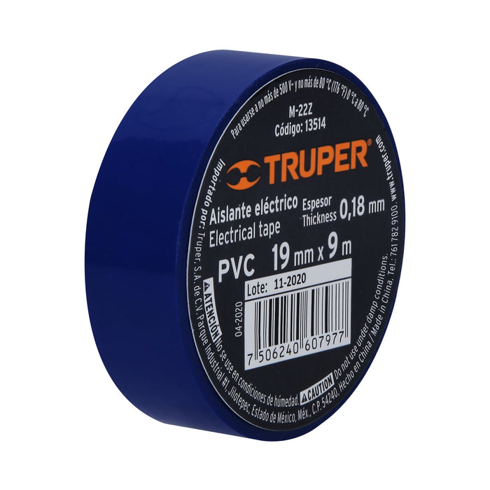 Cinta de aislar de 9 m x 19 mm, azul, Truper 13514 M-22Z