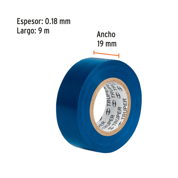Cinta de aislar de 9 m x 19 mm, azul, Truper 13514 M-22Z