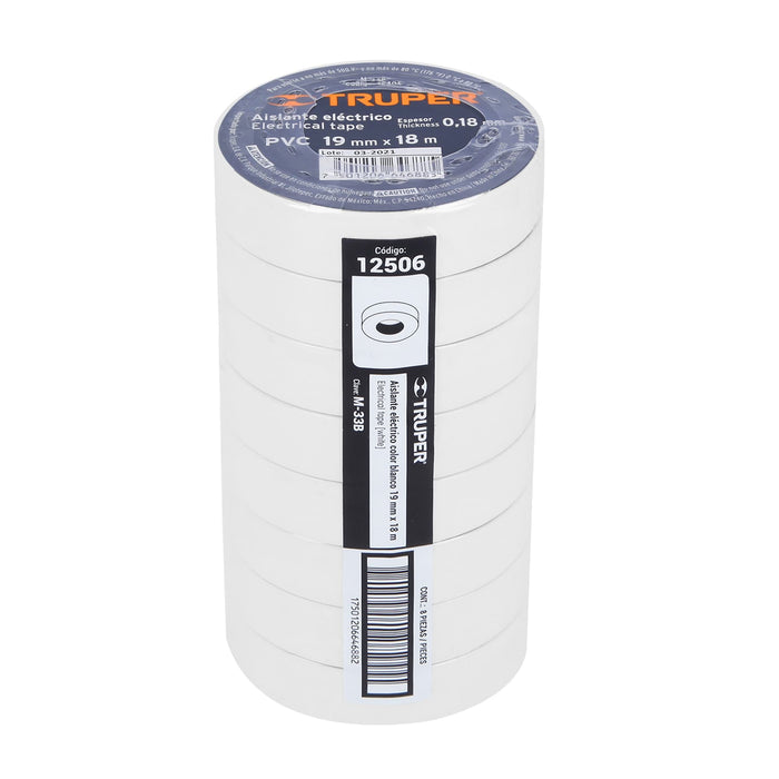 Cinta de aislar de 18 m x 19 mm, blanca, Truper 12506 M-33B