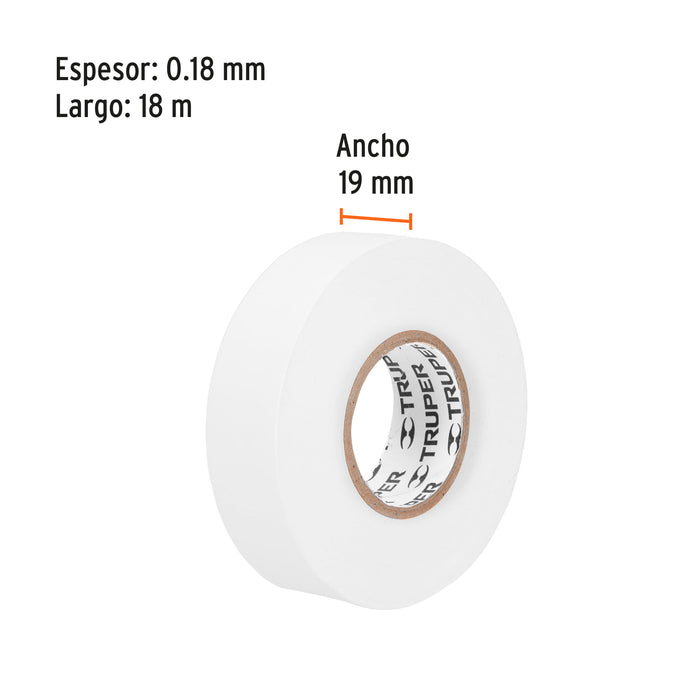 Cinta de aislar de 18 m x 19 mm, blanca, Truper 12506 M-33B