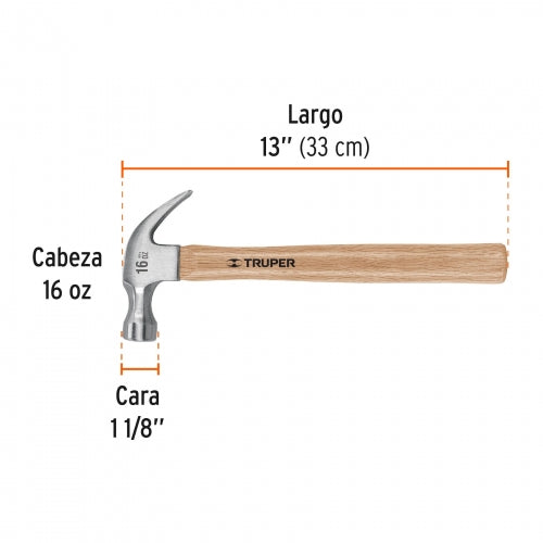 Martillo pulido 16 oz uña curva, mango madera, Truper 16752 MA-16
