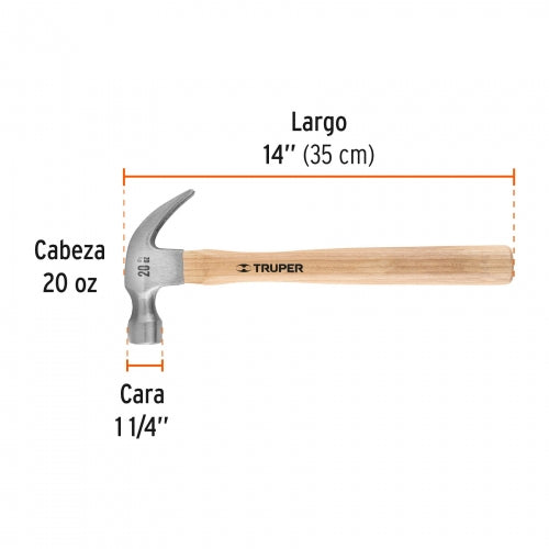 Martillo pulido 20 oz uña curva, mango madera, Truper 16753 MA-20
