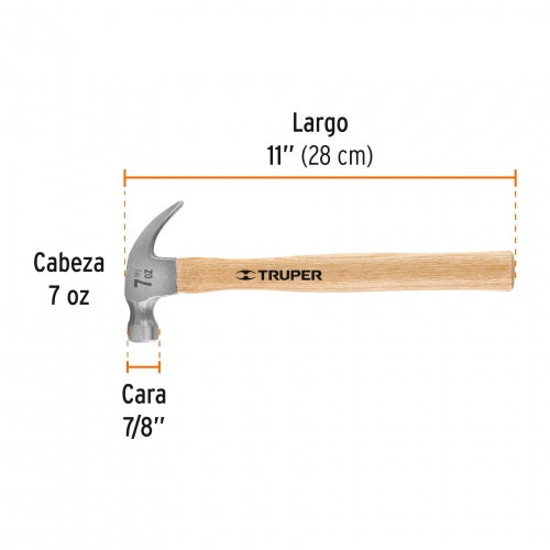 Martillo pulido 7 oz uña curva, mango madera, Truper 16750 MA-7