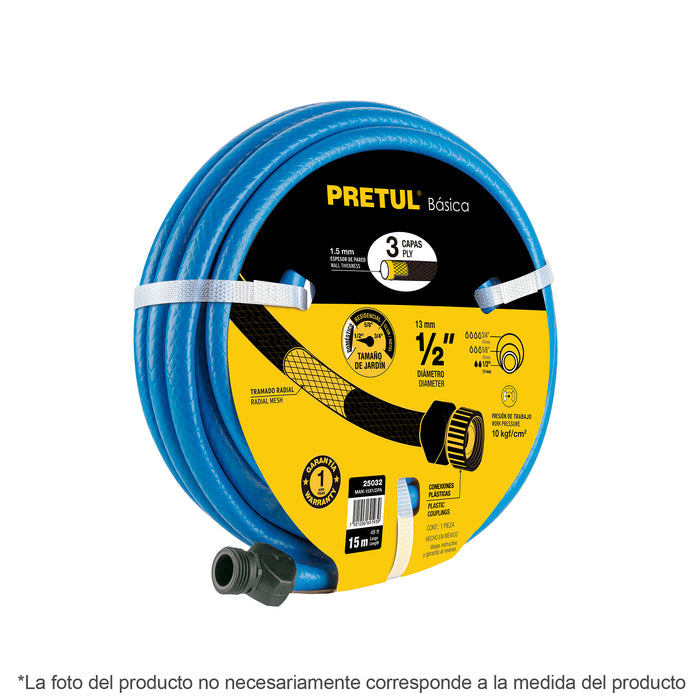 Manguera azul 1/2' 2 capas 10 m conexiones plásticas, Pretul Código: 25031