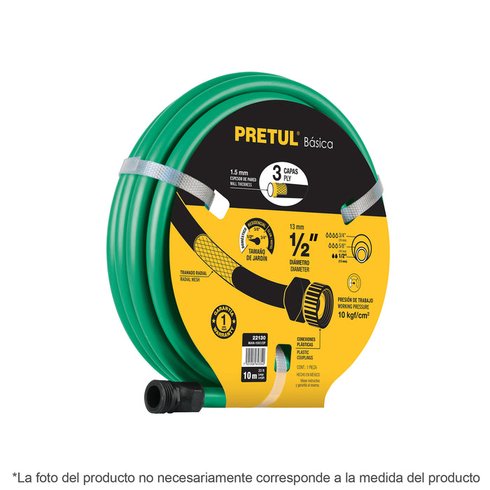 Manguera verde 1/2' 2 capas 15m conexiones plásticas, Pretul Código: 22132