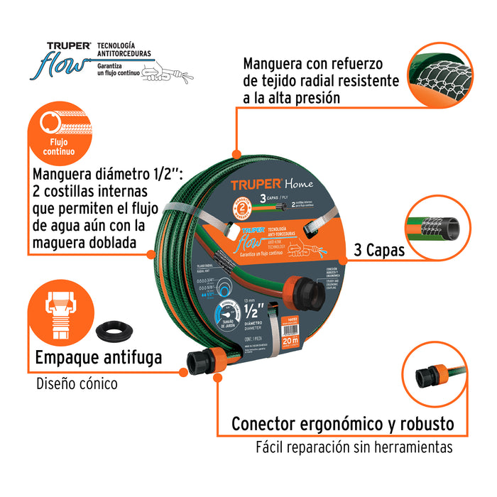 Manguera 1/2'reforzada 3 capas 20 m conexiones plásticas Código: 16052