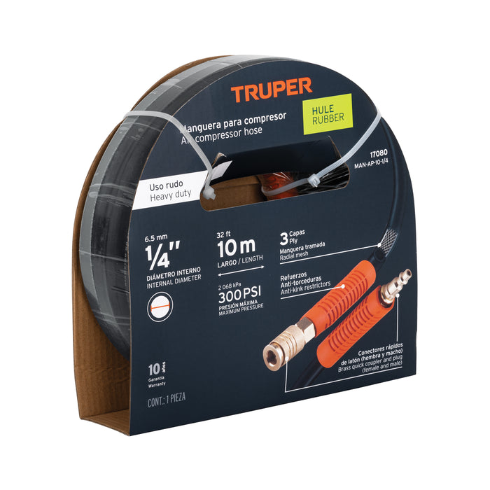 Manguera para compresor, de hule, 10m x 1/4', Truper Código: 17080