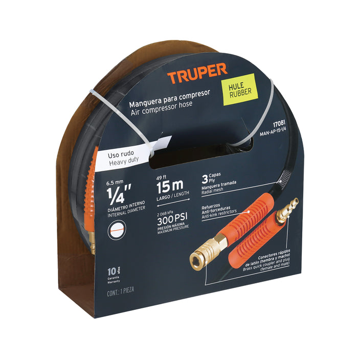 Manguera para compresor, de hule, 15m x 1/4', Truper Código: 17081