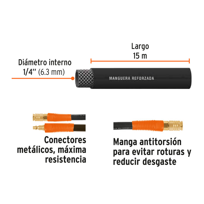 Manguera para compresor, de hule, 15m x 1/4', Truper Código: 17081