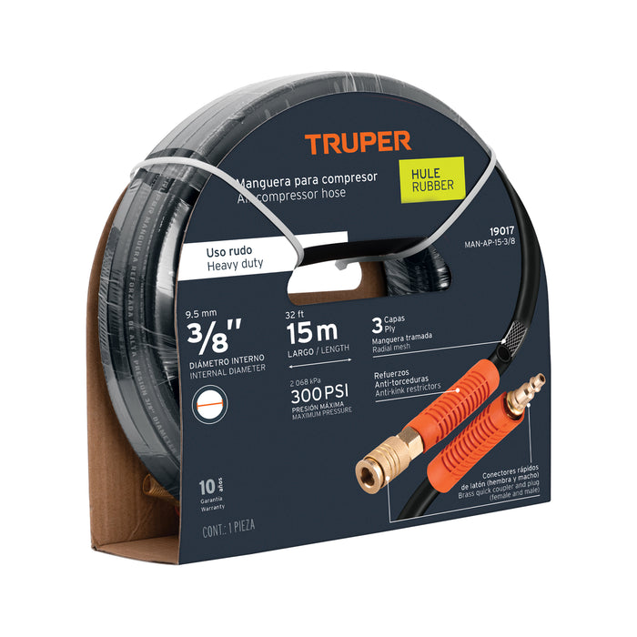 Manguera para compresor, de hule, 15m x 3/8', Truper Código: 19017