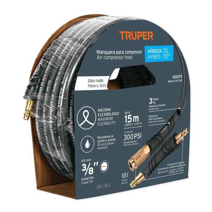 Manguera para compresor, híbrida, 15m x 3/8', Truper Código: 102473