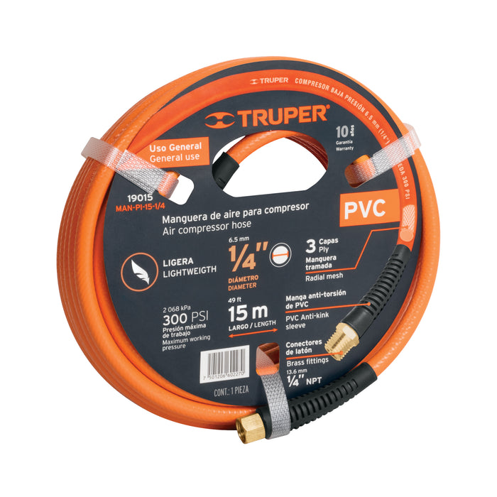 Manguera para compresor, de PVC, 15m x 1/4', Truper Código: 19015