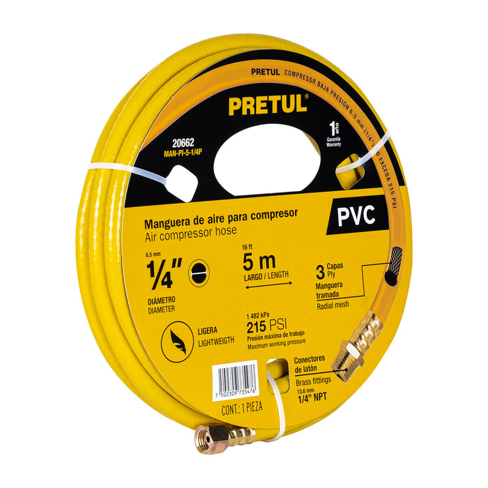 Manguera para compresor, de PVC, 5m x 1/4', Pretul Código:20662