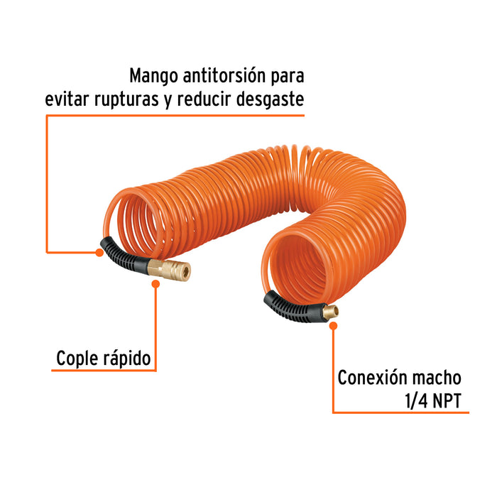 Manguera para compresor, tipo resorte, 15.2m x 1/4', Truper 19075 MAN-R-15
