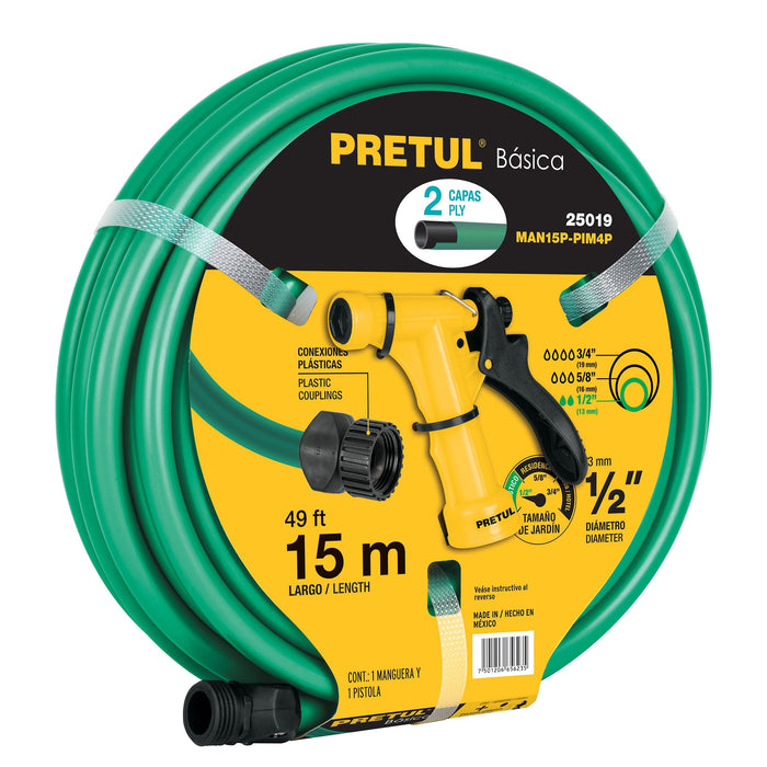 Combo manguera MAN-15X1/2P y pistola de riego PIM-4P, Pretul 25019 MAN15P-PIM4P