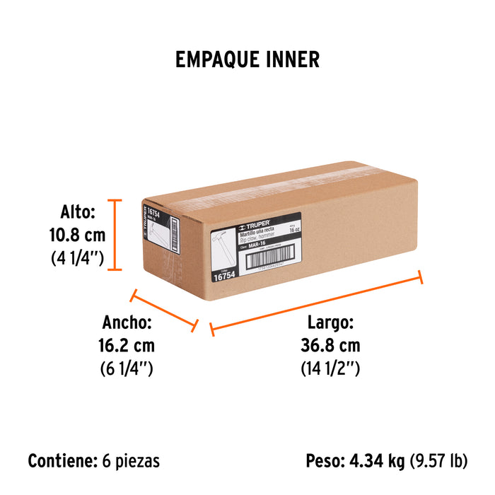 Martillo pulido 16 oz uña recta, mango madera, Truper Código: 16754