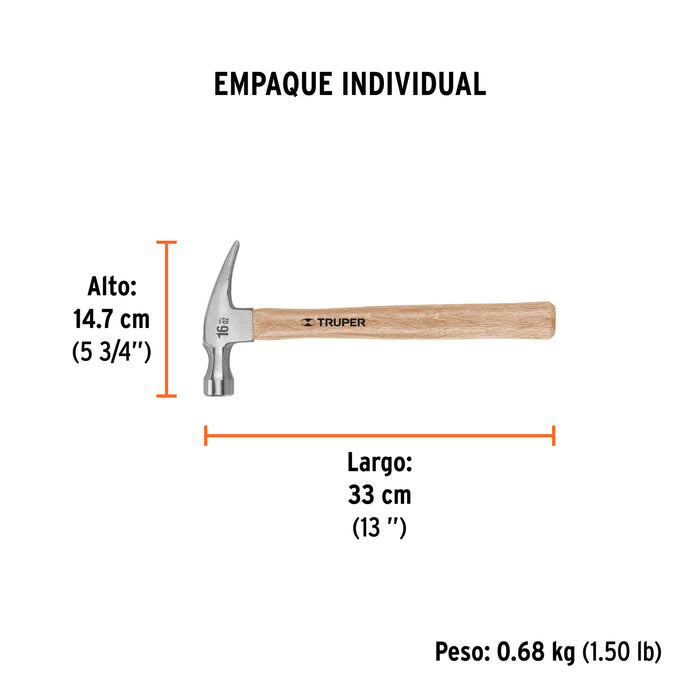 Martillo pulido 16 oz uña recta, mango madera, Truper Código: 16754