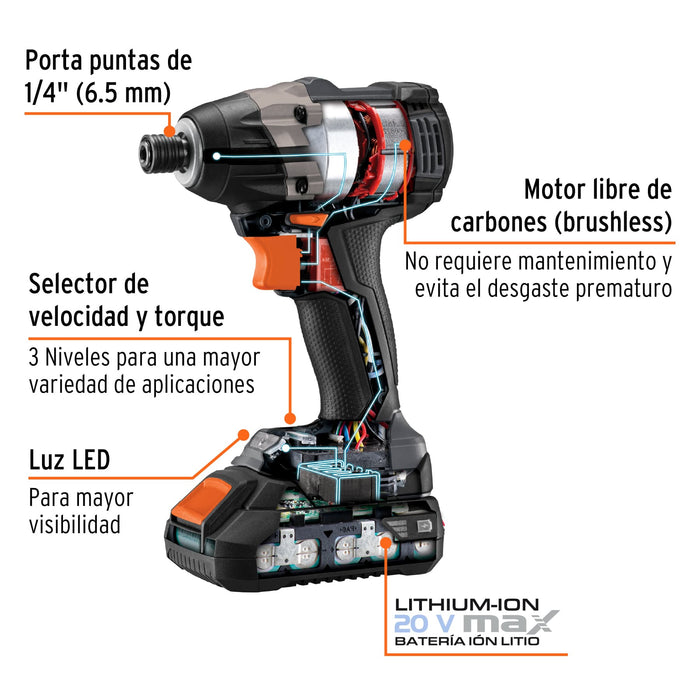 Destornillador de impacto inalámbrico 1/4', 20V,sin carbones 101402 MAX-20D