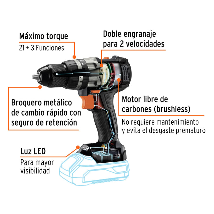 Rotomartillo inalámbrico 1/2', 20V, sin carbones, Truper MAX 101453 MAX-20R