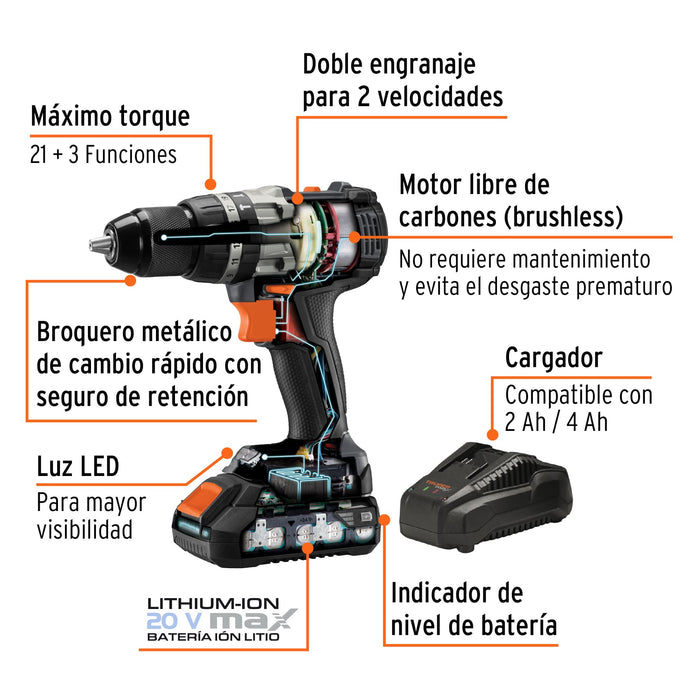 Rotomartillo inalámbrico 1/2', 20V, sin carbones, Truper MAX 101453 MAX-20R