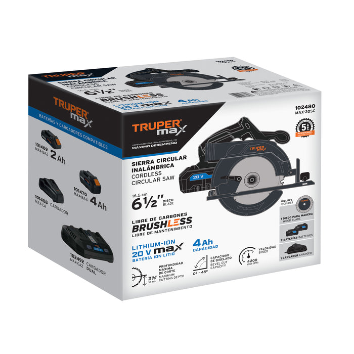 Sierra circular inalámbrica 6-1/2', 20V, sin carbones 102480 MAX-20SC