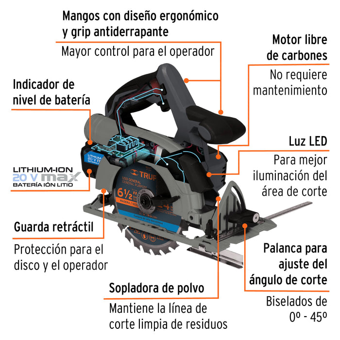 Sierra circular inalámbrica 6-1/2', 20V, sin carbones 102480 MAX-20SC