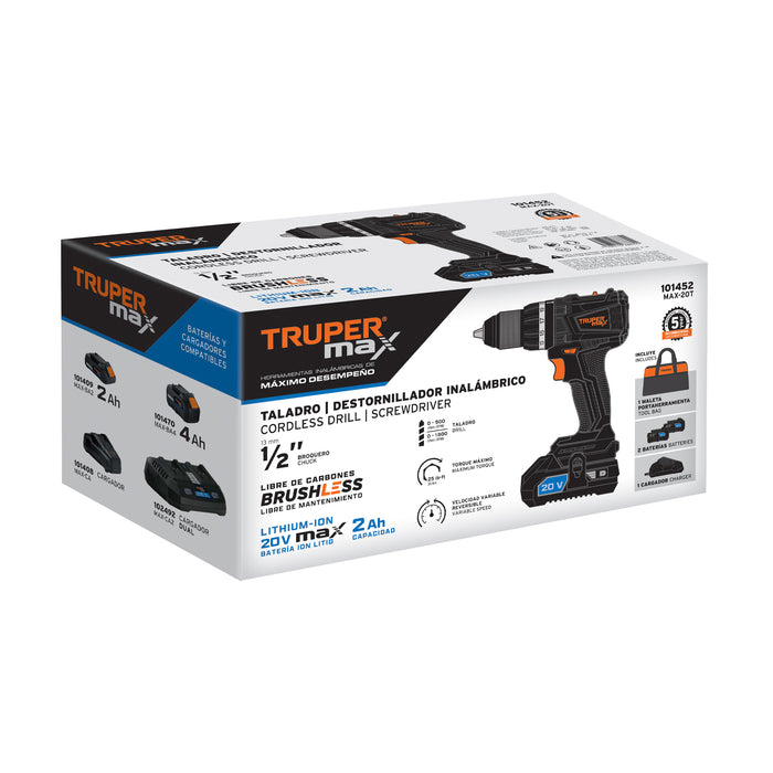 Taladro inalámbrico 1/2', 20V, sin carbones, Truper MAX 101452 MAX-20T