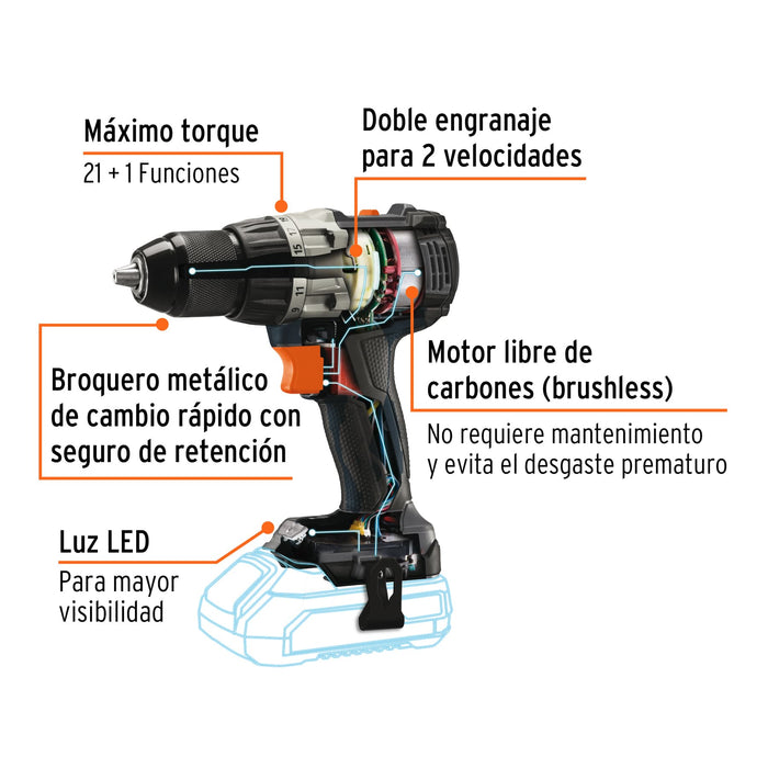 Taladro inalámbrico 1/2', 20V, sin carbones, Truper MAX 101452 MAX-20T