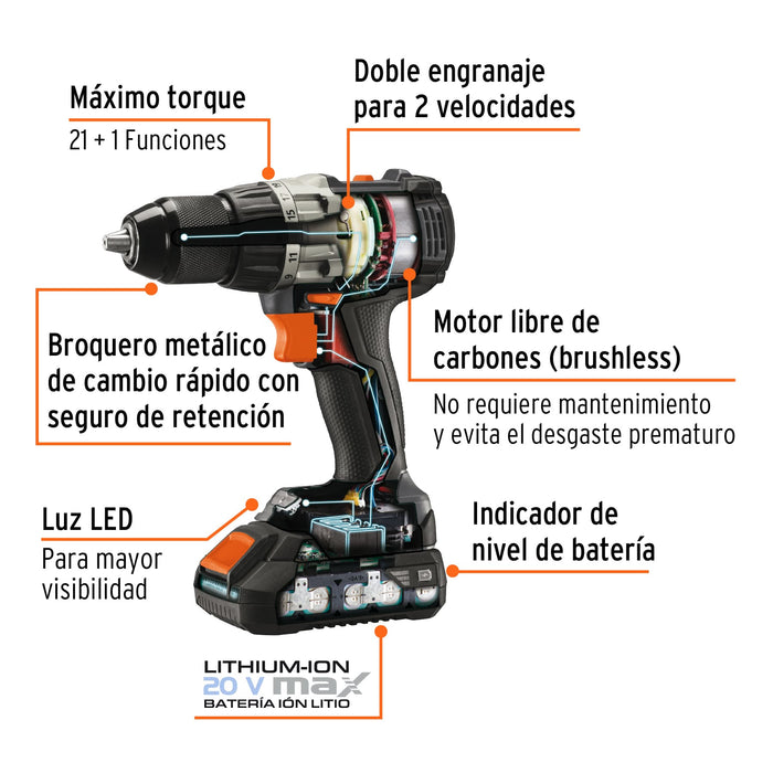 Taladro inalámbrico 1/2', 20V, sin carbones, Truper MAX 101452 MAX-20T