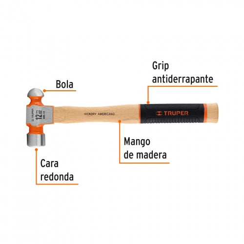 Martillo pulido de bola 12 oz mango hickory, Truper Grip 16901 MB-12