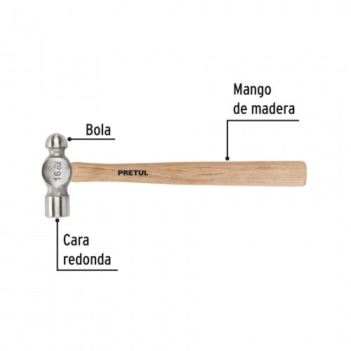 Martillo pulido de bola 16 oz mango madera, Pretul 22658 MB-16P