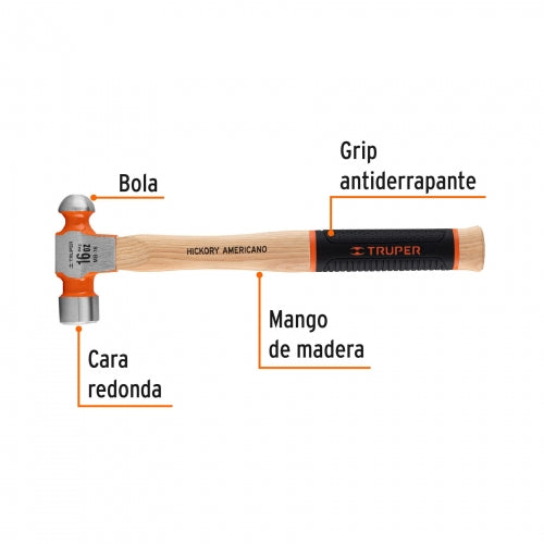 Martillo pulido de bola 16 oz mango hickory, Truper Grip 16902 MB-16