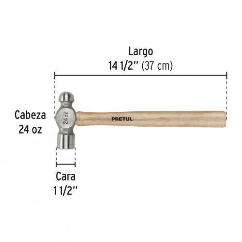 Martillo pulido de bola 24 oz mango madera, Pretul 22659 MB-24P