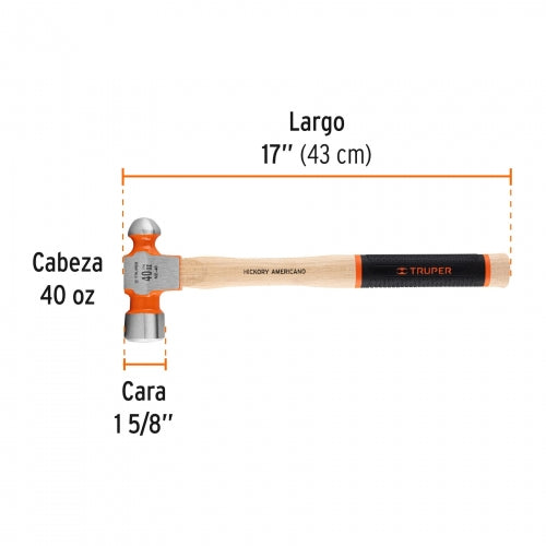 Martillo pulido de bola 40 oz mango hickory, Truper Grip 16905 MB-40