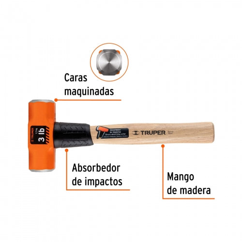 Marro octagonal 3 lb, mango de madera 12', Truper 16507 MD-3M