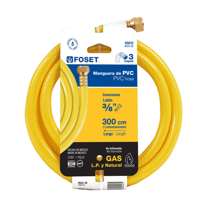 Manguera para gas, PVC amarilla, 3/8'x3 m, c/conexión, Foset 45012