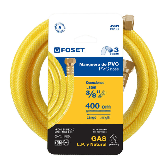 Manguera para gas, PVC amarilla, 3/8'x4 m, c/conexión, Foset 45013