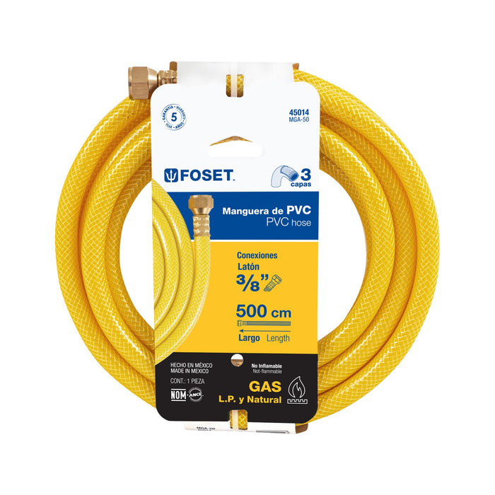Manguera para gas, PVC amarilla, 3/8'x5 m, c/conexión, Foset 45014