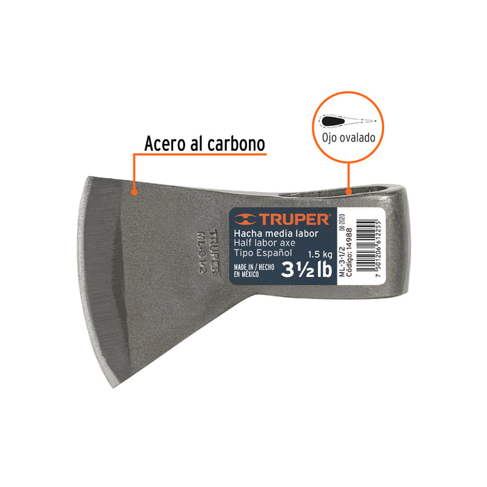 Hacha media labor 3 lb sin mango, Truper 14986 ML-3