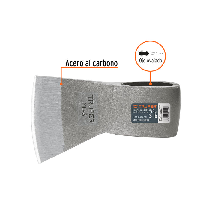 Hacha media labor 3 lb sin mango, Truper 14986 ML-3