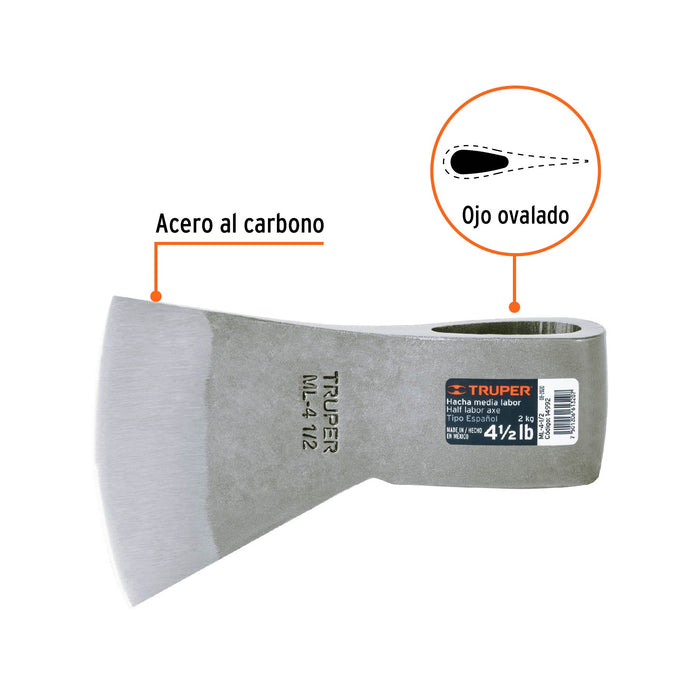 Hacha media labor 4 lb sin mango, Truper 14990 ML-4