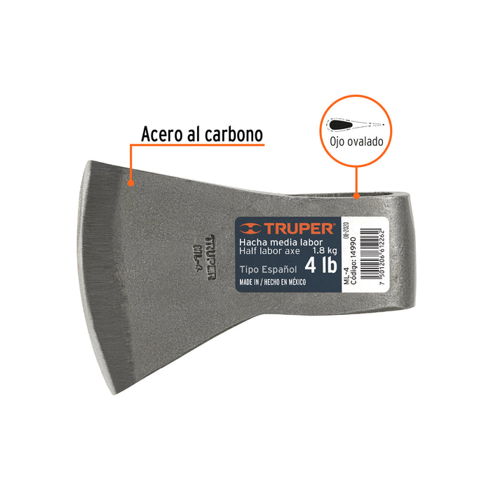 Hacha media labor 4 lb sin mango, Truper 14990 ML-4