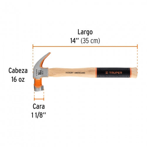 Martillo pulido 16 oz uña curva, mango hickory, Truper Grip 16654 MO-16