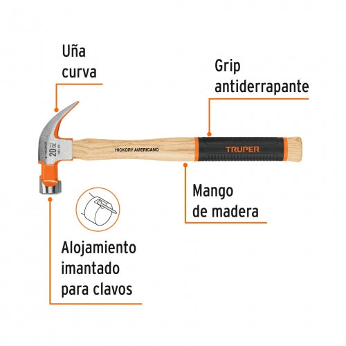 Martillo pulido 20 oz uña curva, mango hickory, Truper Grip 16656 MO-20