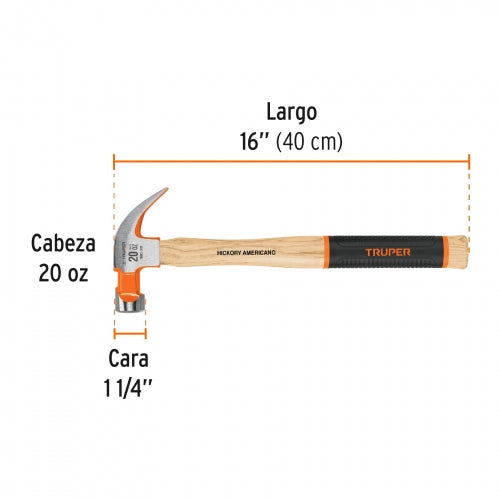 Martillo pulido 20 oz uña curva, mango hickory, Truper Grip 16656 MO-20