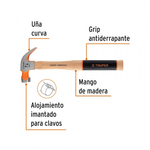 Martillo pulido 7 oz uña curva, mango hickory, Truper Grip 16650 MO-7